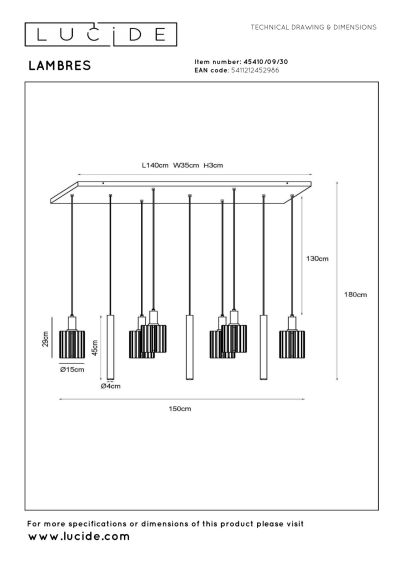 Lucide LAMBRES - Pendant light - 6xE27 - Black